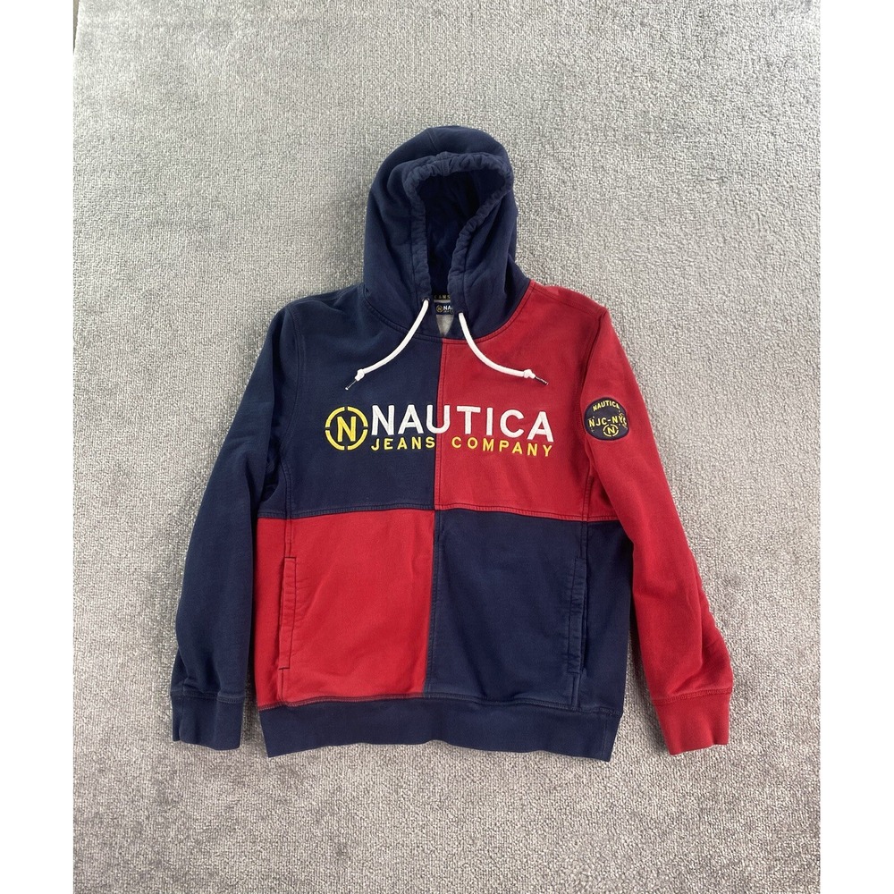Nautica Hoodie Mens Small Red Blue Spell Out Designer Logo Colorblock NY NJ